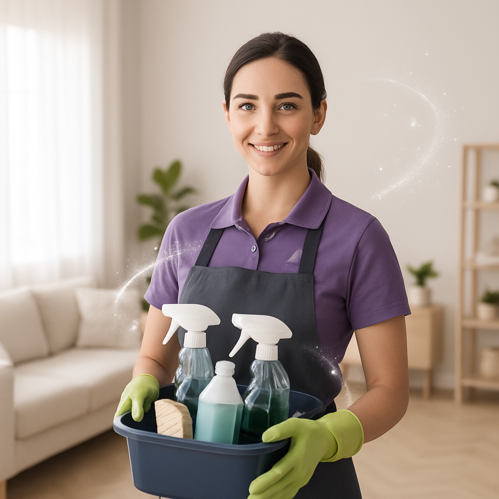 A clean modern hero image for a professional cleaning company called Magic Genie ServicesBright welcoming home interior with natural lightA friendly p-1