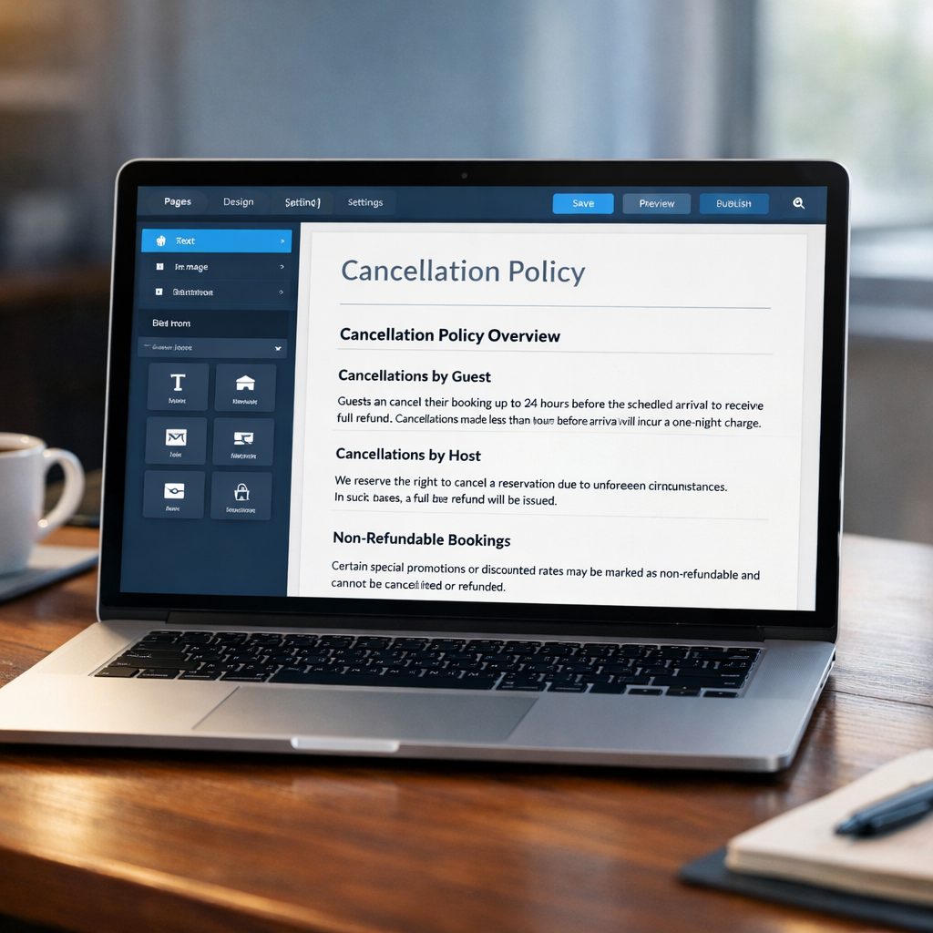 A sleek modern laptop sits on a polished wooden desk its screen displaying a vibrant website editor filled with a cancellation policy page Soft natura