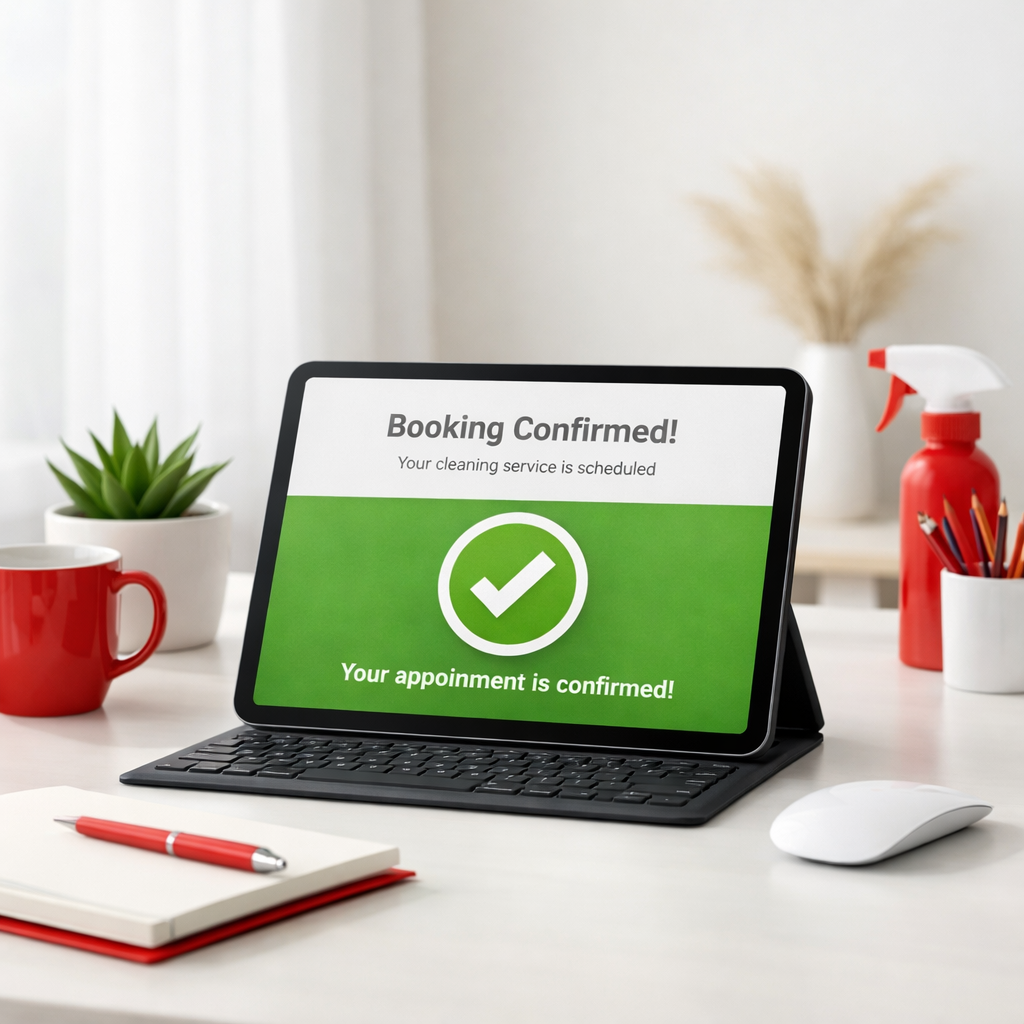 Envision a serene professional workspace bathed in soft natural light featuring a sleek modern tablet prominently displaying a booking confirmation sc-1