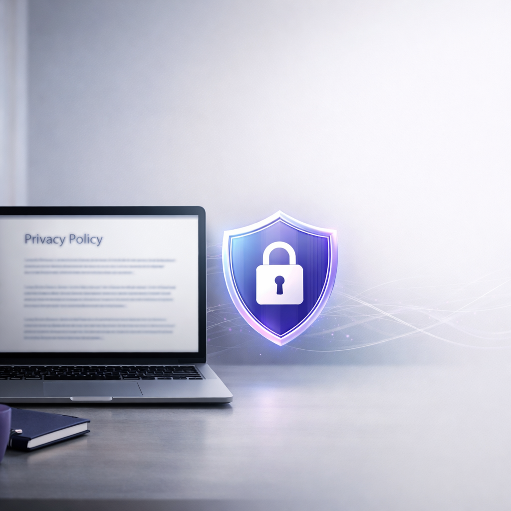 In a serene minimalist workspace a modern laptop sits on a sleek desk its screen displaying a blurred privacy policy document A softly glowing shield-1
