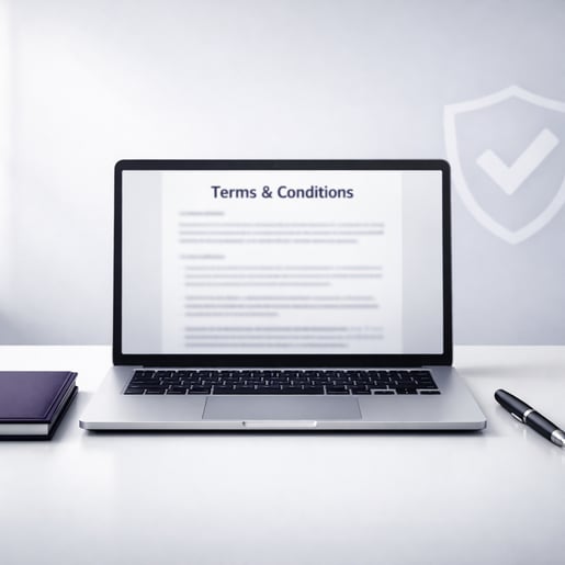 In a sleek minimalist workspace a modern laptop showcases a blurred legal document hinting at Terms  Conditions for a premium service A neatly placed-1