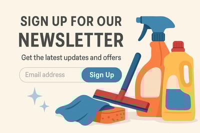 Newsletter signup with cleaning supplies illustration