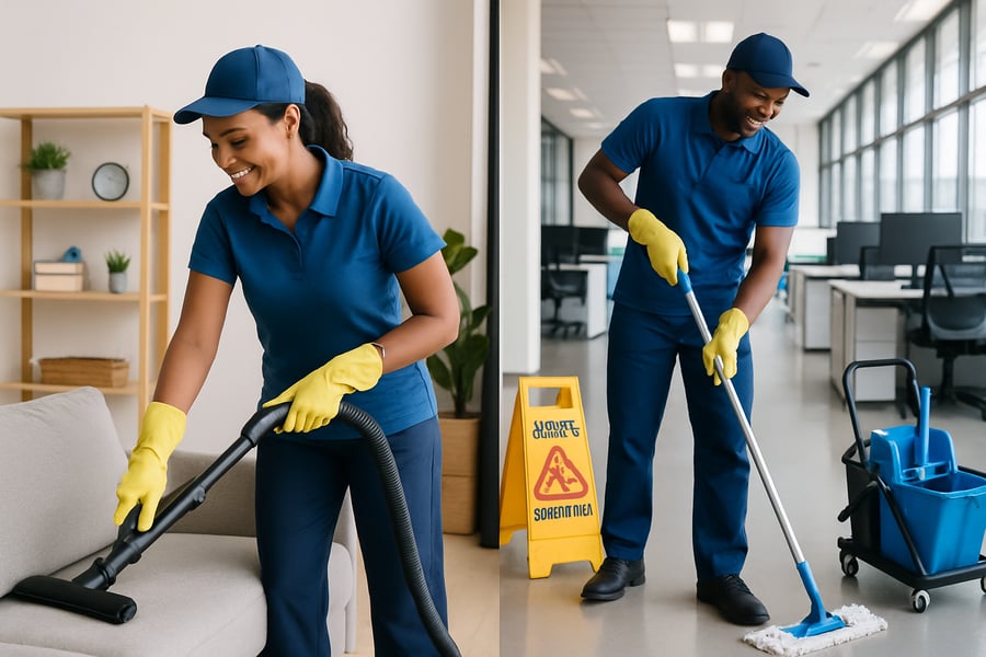Professional cleaners at work in a home and commercial setting