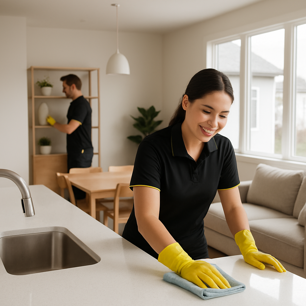 Professional cleaning team inside a bright modern home in Regina Saskatchewan Two uniformed cleaners wearing black and yellow branded shirts with a su-4 Professional cleaning team inside a bright modern home in Regina Saskatchewan Two uniformed cleaners wearing black and yellow branded shirts with a su-4
