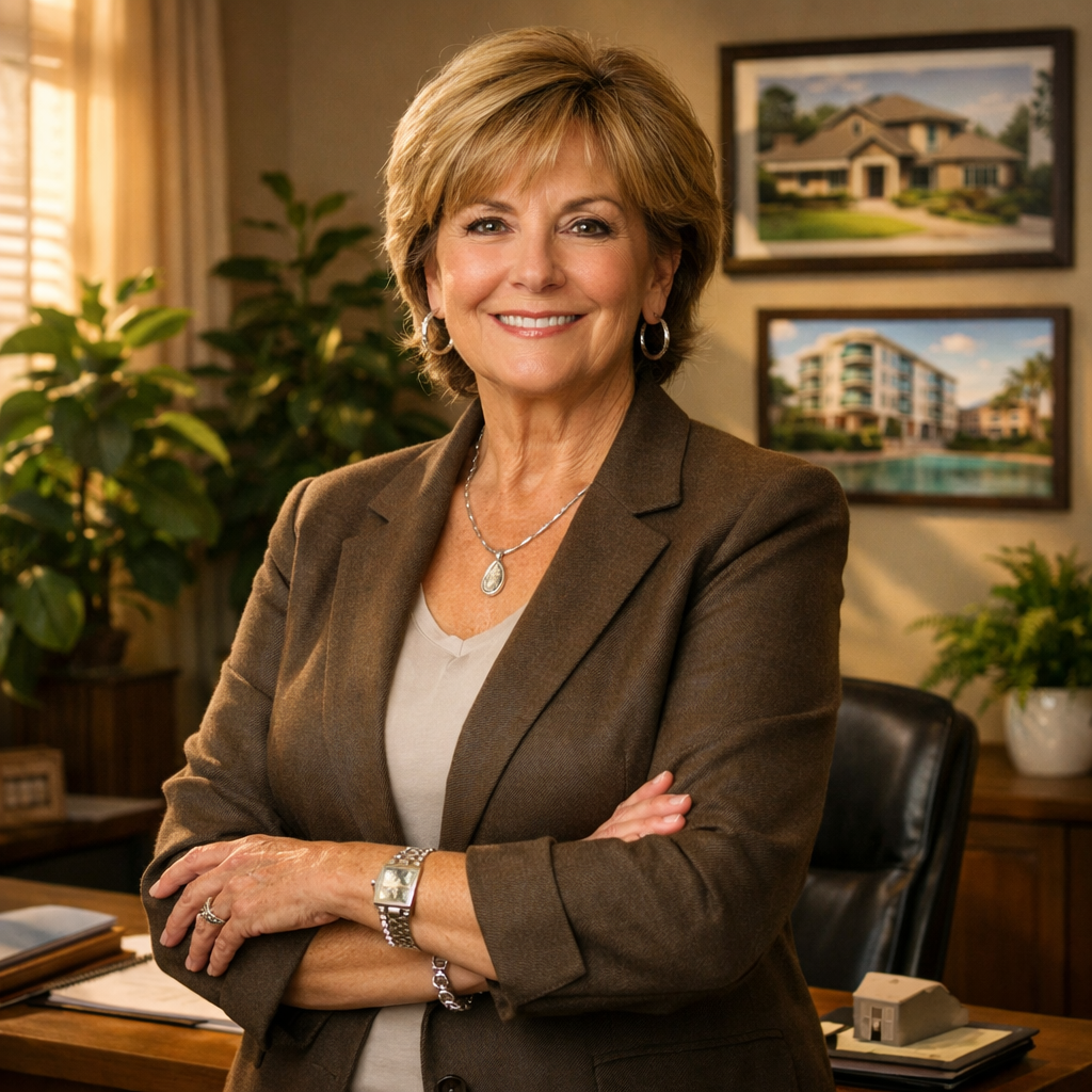 A confident lady in her 60s stands proudly in her wellkept office surrounded by plants and framed photographs of properties she manages Soft warm ligh
