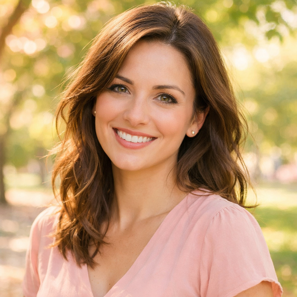 Create a captivating profile picture of a woman in her mid30s showcasing her warm smile and expressive eyes She stands against a soft blurred backgrou-1