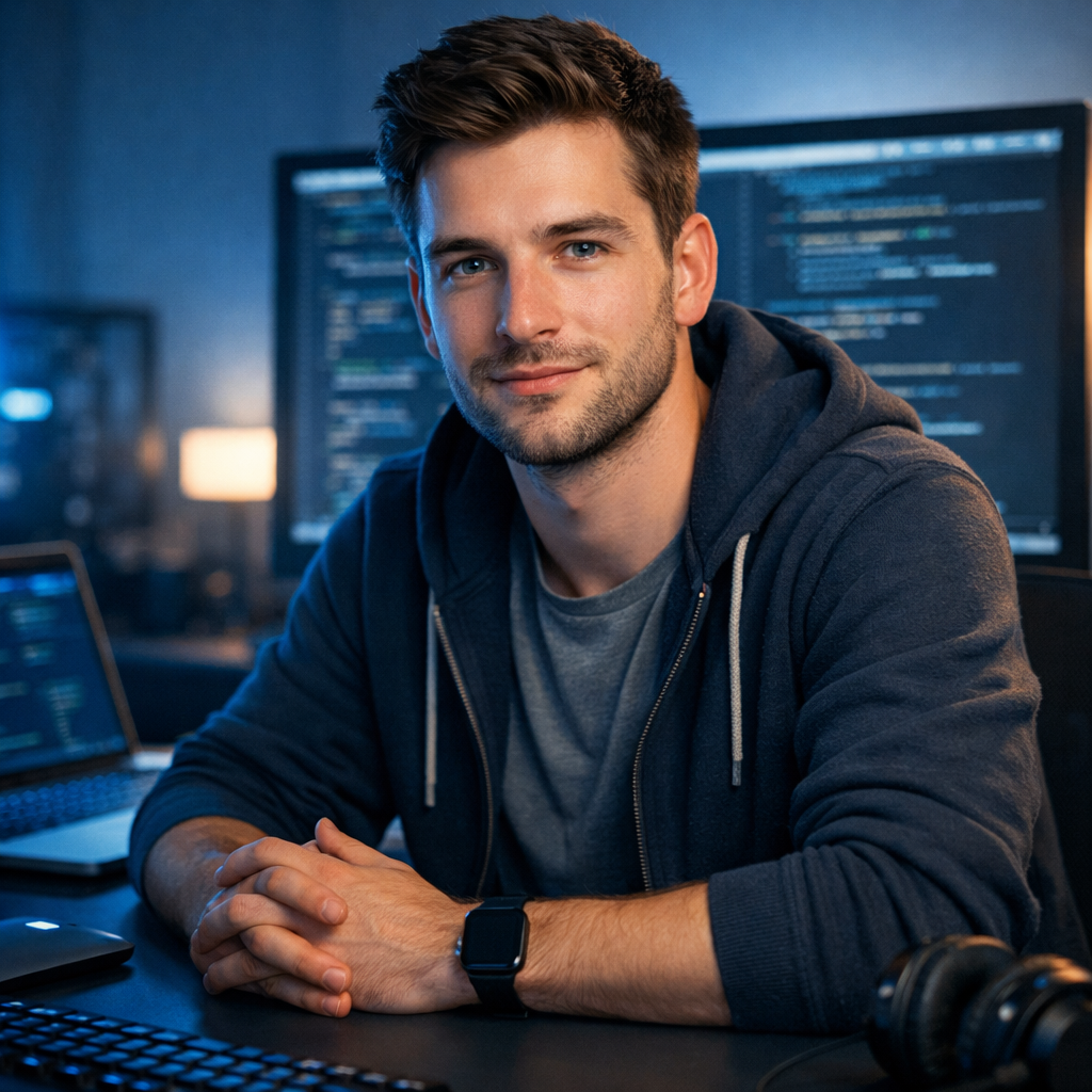 Create a striking profile picture of a late 20s IT professional seated at a sleek modern desk surrounded by high tech gadgets The background features-1