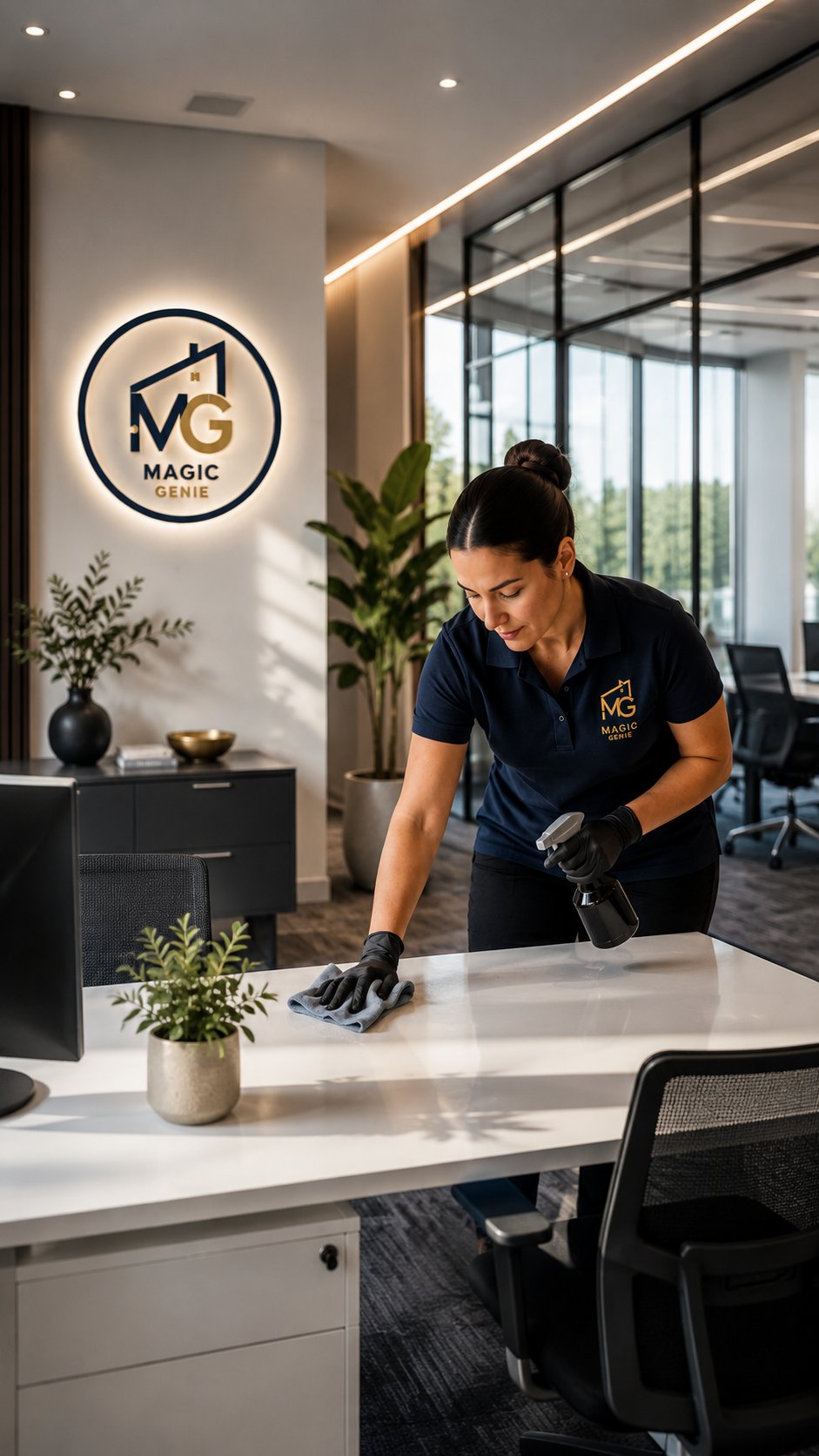 Magic Genie team member in branded uniform cleaning a desk in a modern office with the Magic Genie logo illuminated on the wall behind