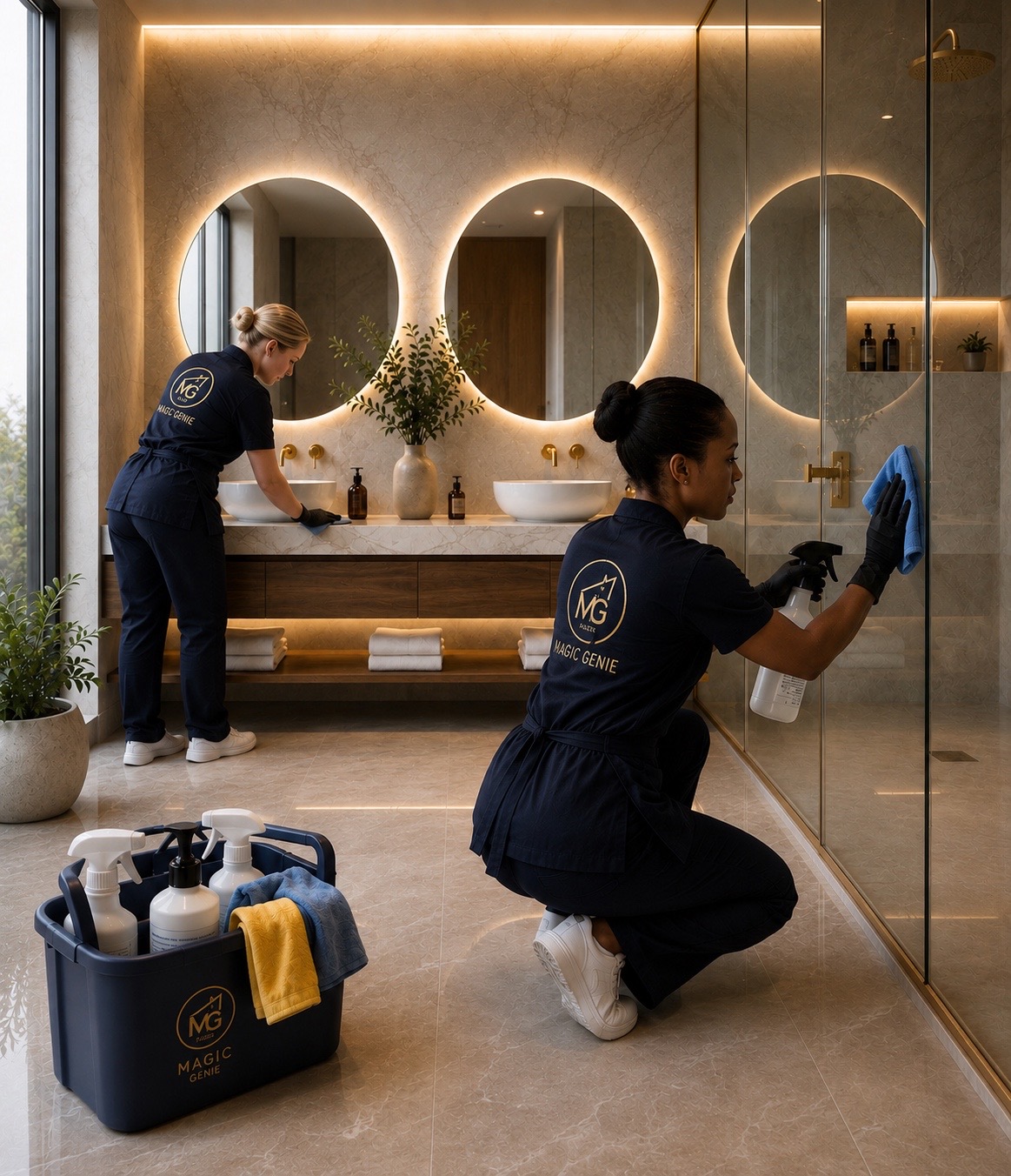 Two Magic Genie team members in branded uniforms deep-cleaning a luxury bathroom