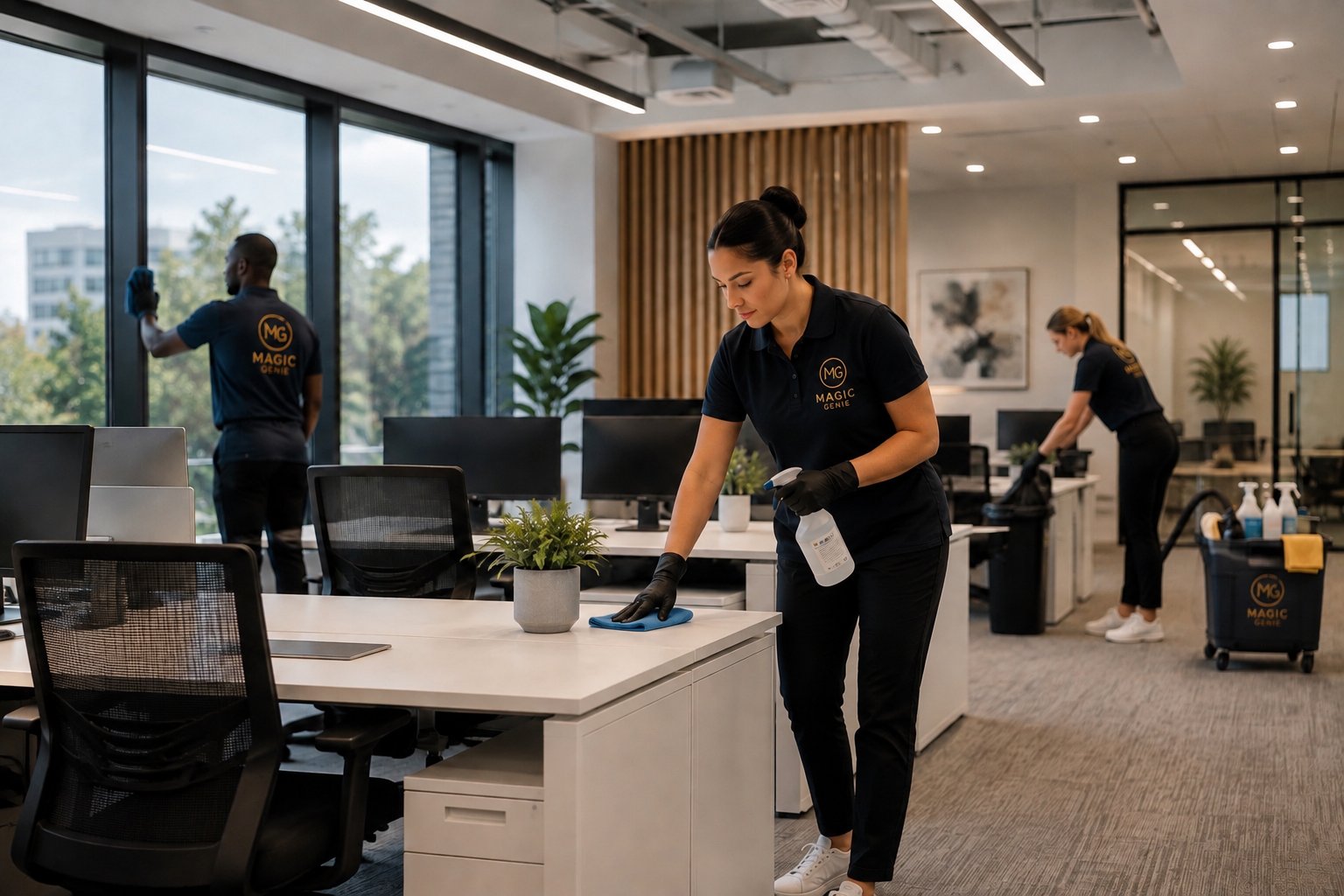 A team of three Magic Genie members in branded uniforms cleaning a modern open plan office with the branded cleaning cart