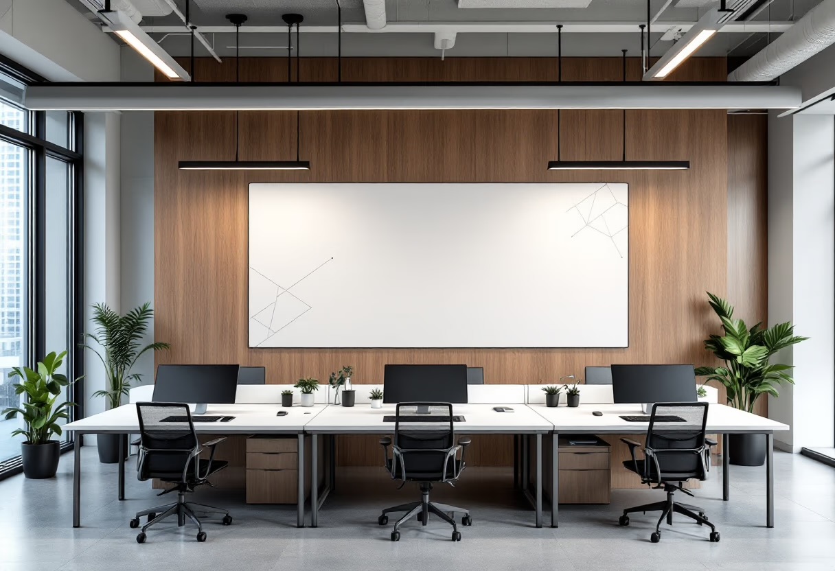 Modern open plan office with desks, monitors, and a whiteboard