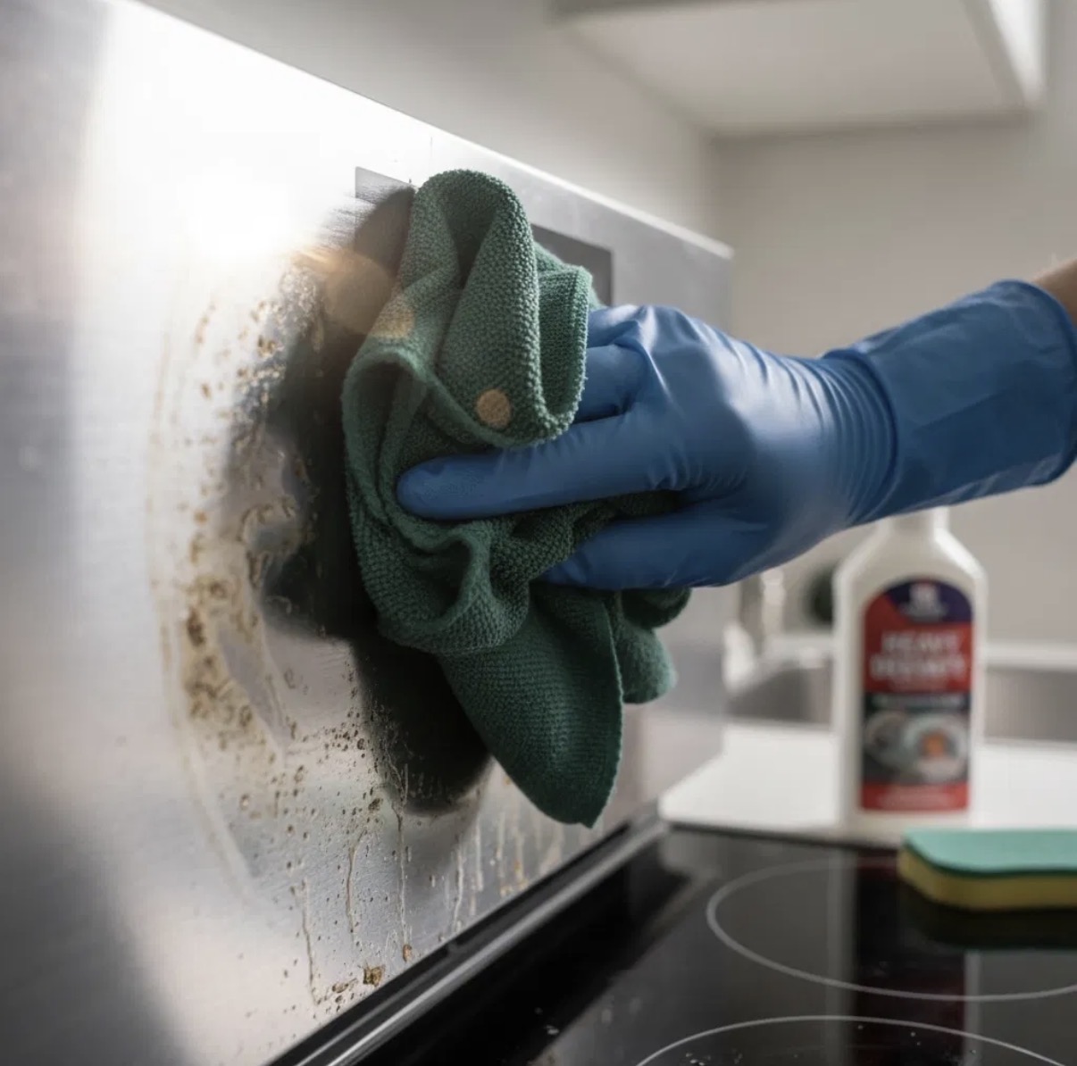 Gloved hand scrubbing a stainless steel oven surface to a guest-ready finish