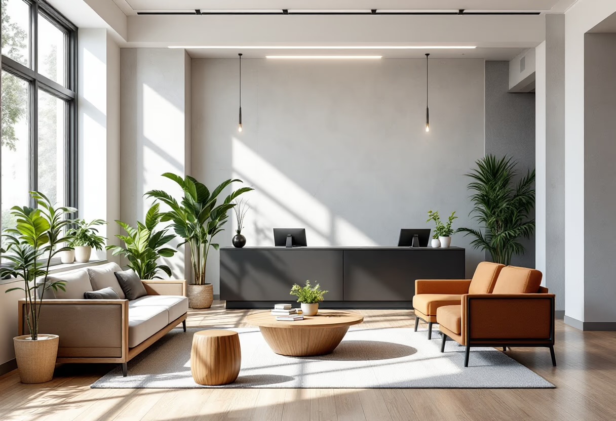 Bright reception lounge with soft seating and natural light