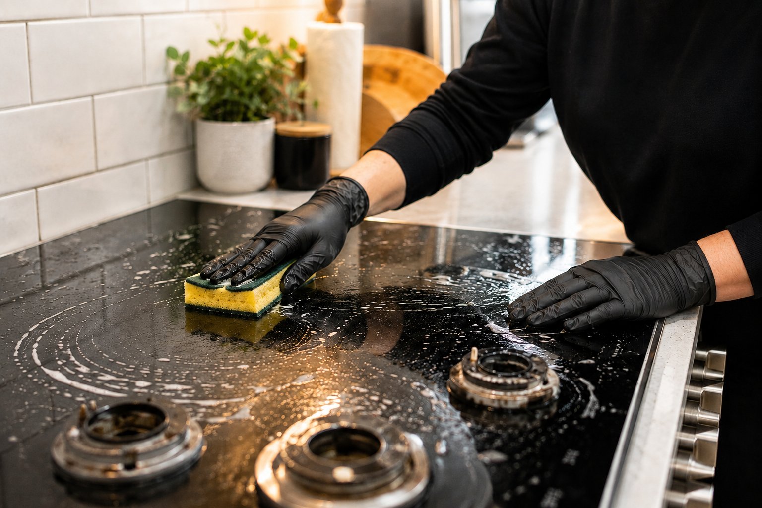 Close-up of a gloved hand actively scrubbing a black stovetop with a yellow sponge