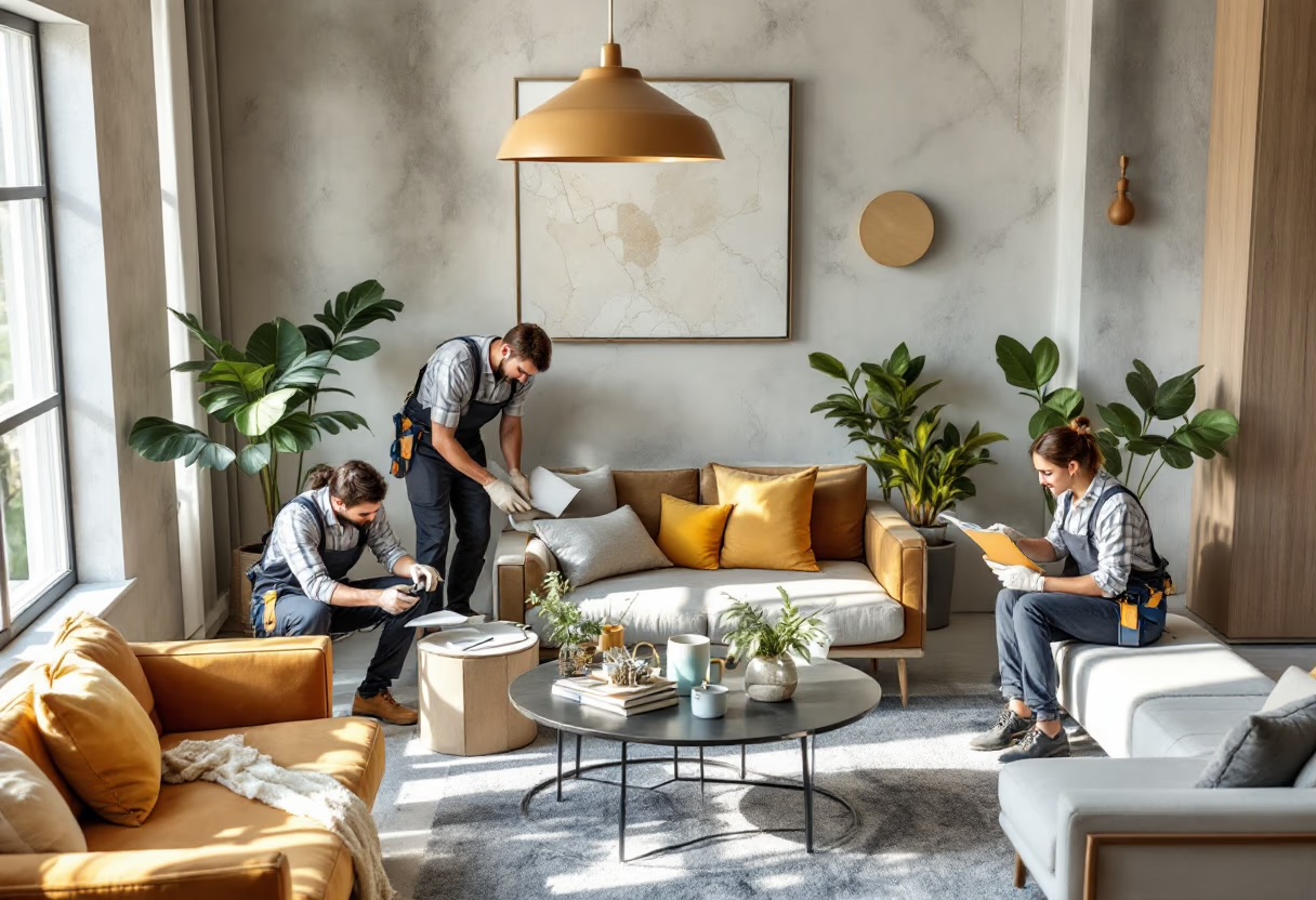 A team of three Magic Genie members actively cleaning a bright living room together